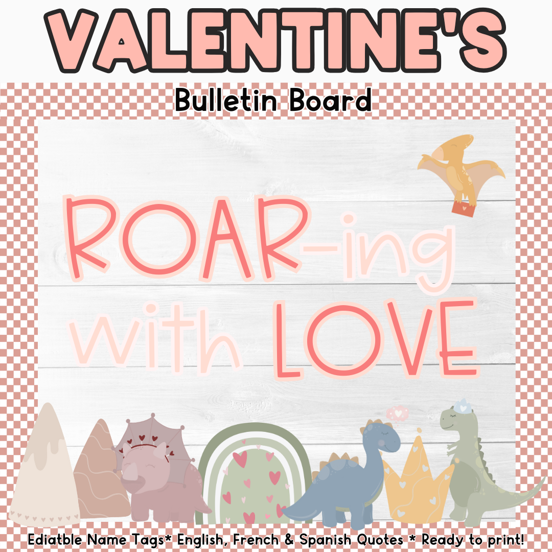 Valentine's Day Bulletin Board Kit | Dino Love Theme | EN, FR & SP