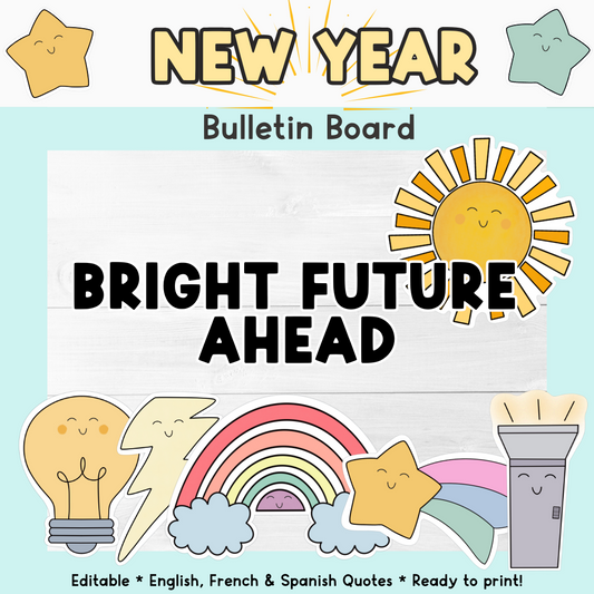 New Year Bulletin Board | Future is Bright | English, French & Spanish | Editable