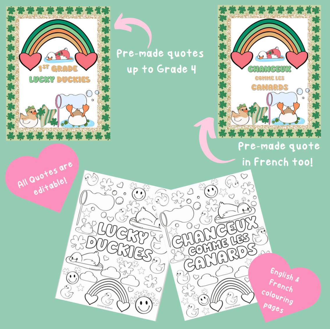 March Lucky Ducky Bulletin Board Set | English & French Quotes | Editable